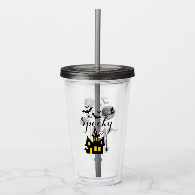 Spooky Halloween Haunted House with Witch and Bats Acrylic Tumbler (Front)