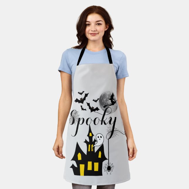 Spooky Halloween Haunted House with Witch and Bats Apron (Worn)