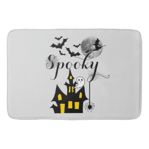 Spooky Halloween Haunted House with Witch and Bats Bath Mat