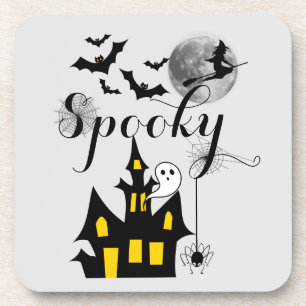 Spooky Halloween Haunted House with Witch and Bats Beverage Coaster