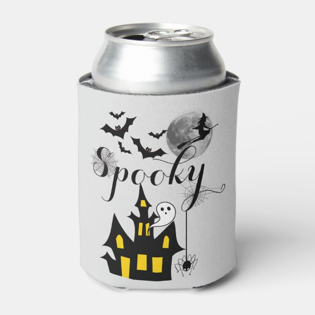 Spooky Halloween Haunted House with Witch and Bats Can Cooler (Can Front)