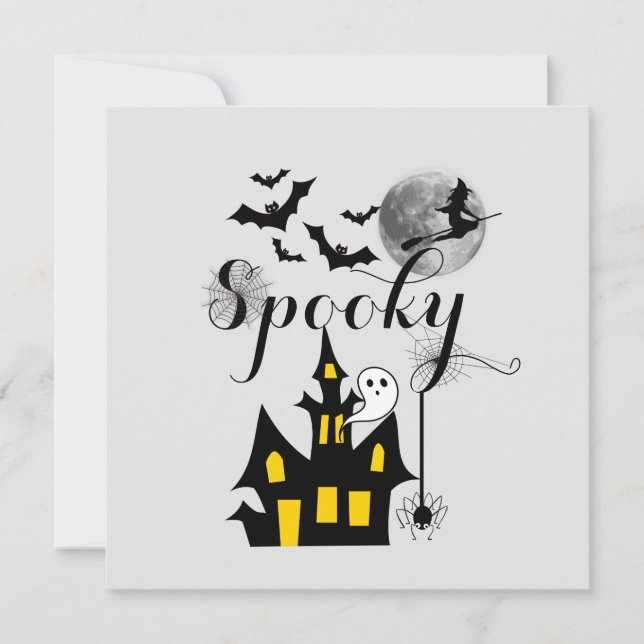 Spooky Halloween Haunted House with Witch and Bats Card (Front)