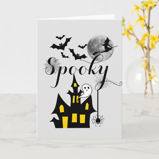 Spooky Halloween Haunted House with Witch and Bats Card (Yellow Flower)
