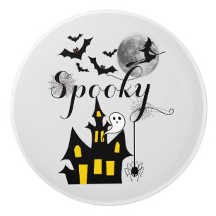 Spooky Halloween Haunted House with Witch and Bats Ceramic Knob