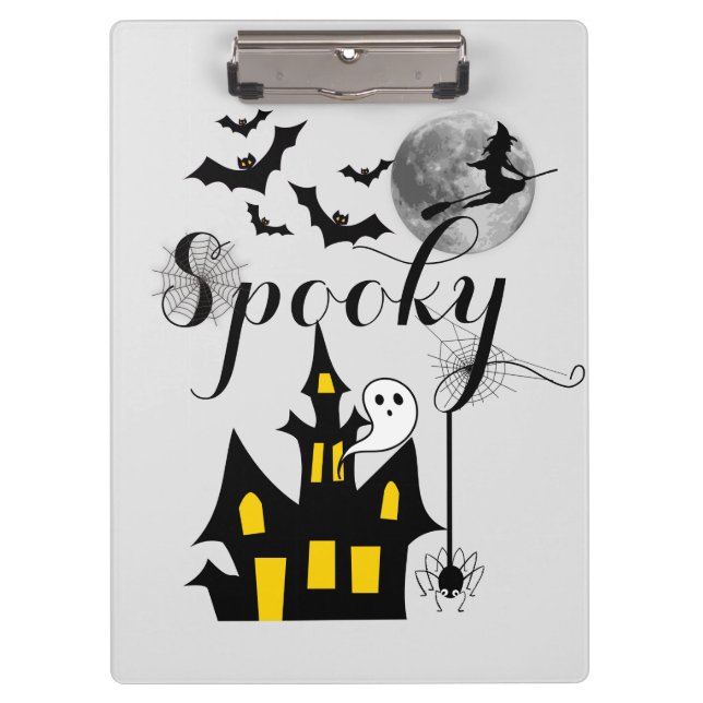 Spooky Halloween Haunted House with Witch and Bats Clipboard (Front)