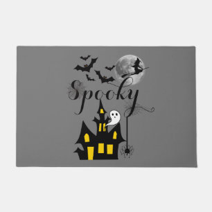 Spooky Halloween Haunted House with Witch and Bats Doormat