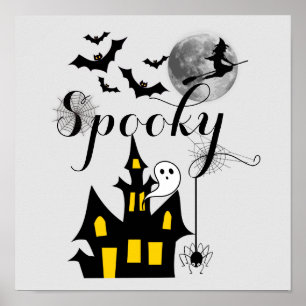 Spooky Halloween Haunted House with Witch and Bats Poster