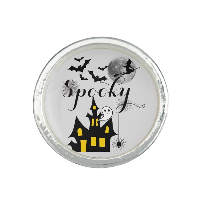 Spooky Halloween Haunted House with Witch and Bats Ring (Front)