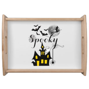 Spooky Halloween Haunted House with Witch and Bats Serving Tray