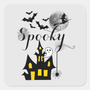 Spooky Halloween Haunted House with Witch and Bats Square Sticker