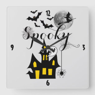Spooky Halloween Haunted House with Witch and Bats Square Wall Clock