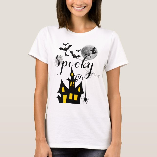Spooky Halloween Haunted House with Witch and Bats T-Shirt (Front)