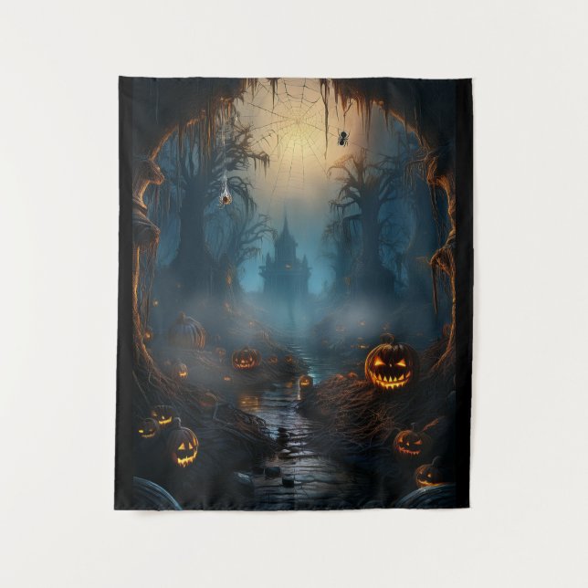 Spooky Halloween Haunted Spider Path Tapestry (Front)