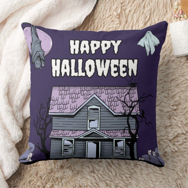 Spooky Halloween House Throw Pillow (Blanket)