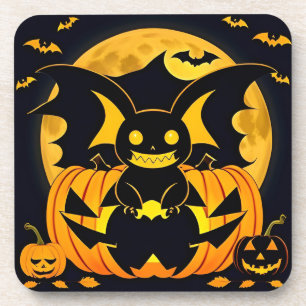 Spooky Halloween Illustration Featuring Bat Pumpki Beverage Coaster