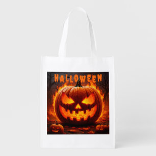 Spooky Halloween Jack-O'-Lantern with Flame Grocery Bag