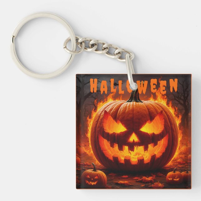 Spooky Halloween Jack-O'-Lantern with Flame Keychain (Front)