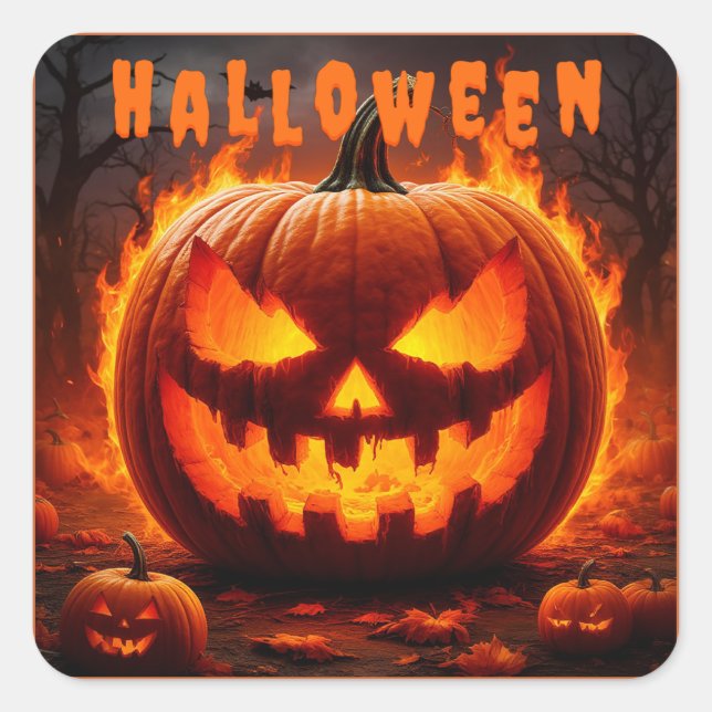 Spooky Halloween Jack-O'-Lantern with Flame Square Sticker (Front)