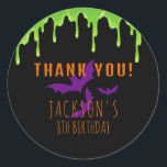 Spooky Halloween Kids Birthday Thank You Classic Round Sticker<br><div class="desc">Spooky Halloween birthday thank you sticker with green slime and purple bats on a black background. Use the design tools to personalize the text,  font and colors.</div>