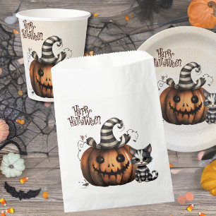 Spooky Halloween Kitten Black Striped Pumpkin Favor Bag
