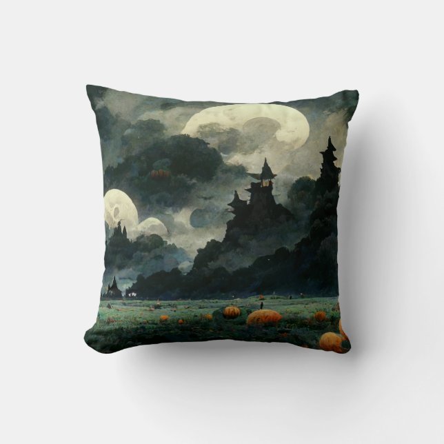 Spooky Halloween Landscape Throw Pillow (Front)