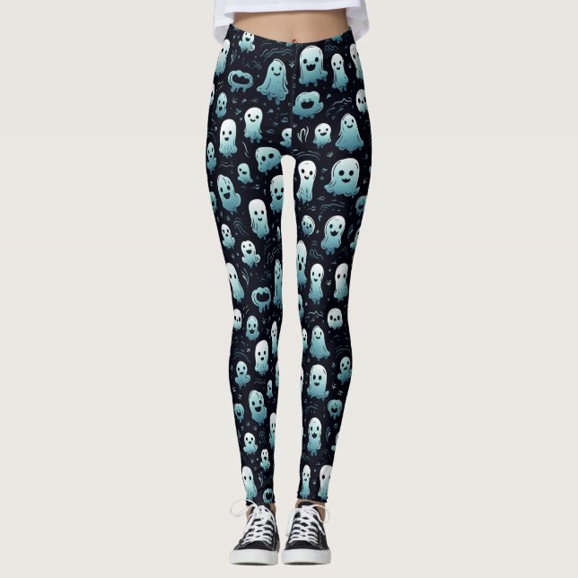 Spooky Halloween Little Ghosts Blue White & Black Leggings (Front)