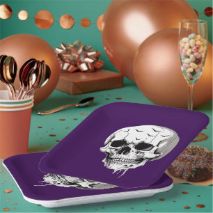 Spooky Halloween Melting Cranium With Bat Imagery Paper Plates