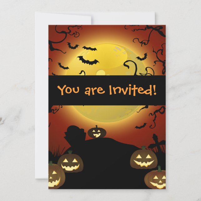 Spooky Halloween Moon, Pumpkins and Bats Invitatio Invitation (Front)