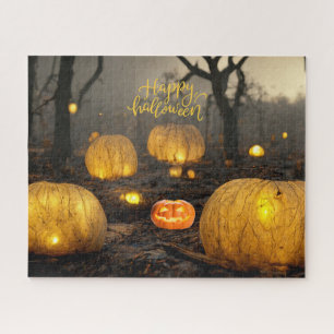 Spooky Halloween Night and Pumpkins in the Forest Jigsaw Puzzle