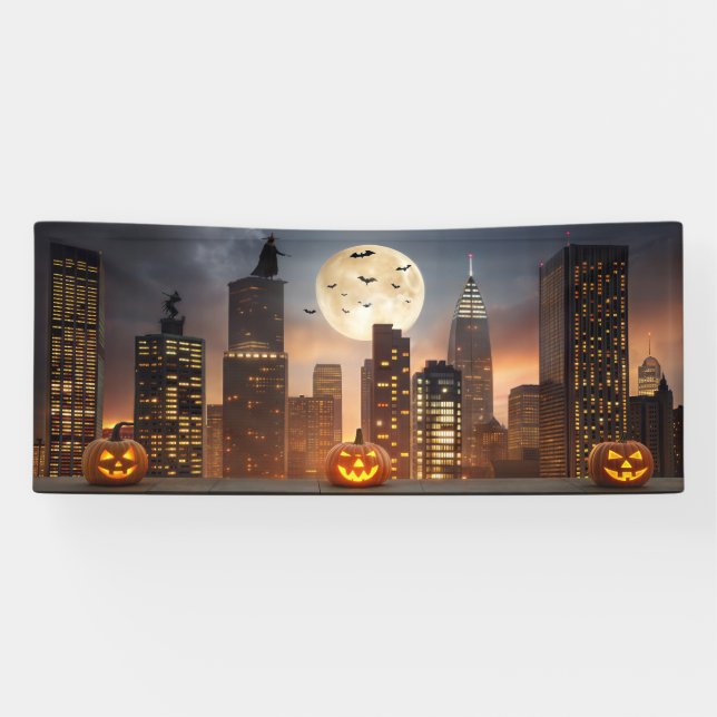 Spooky Halloween Night Cityscape with Pumpkin Banner (Horizontal)