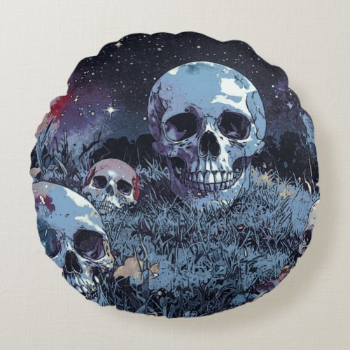 Spooky Halloween Night _ Eerie Skulls  Round Pillow