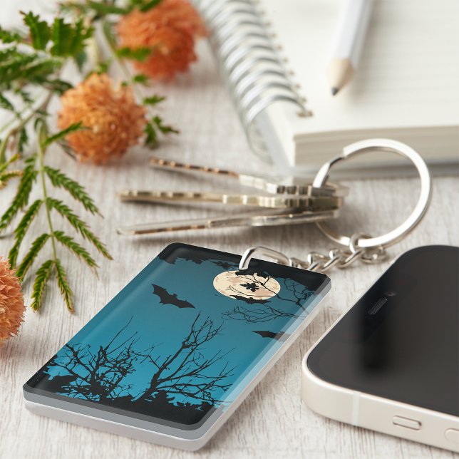 Spooky Halloween Night Full Moon and Flying Bats  Keychain (Creator Uploaded)