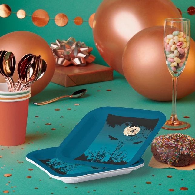 Spooky Halloween Night Full Moon and Flying Bats  Paper Plates (Creator Uploaded)