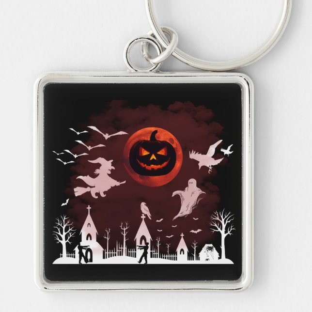 Spooky Halloween Night Full Moon Pumpkin Scene Keychain (Front)