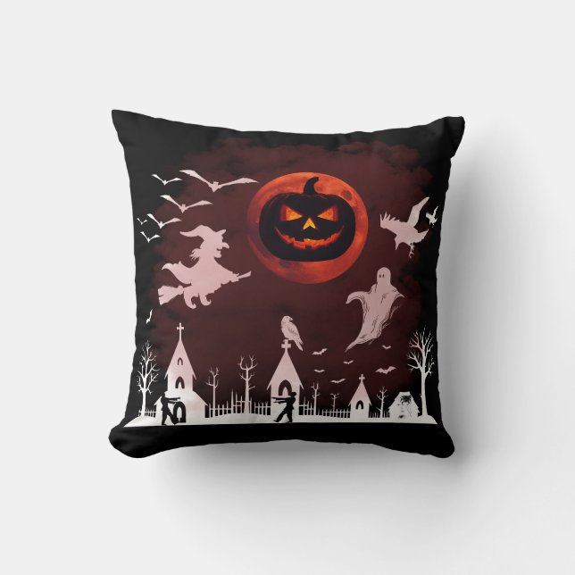 Spooky Halloween Night Full Moon Pumpkin Scene Throw Pillow (Front)