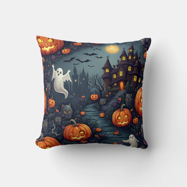 Spooky Halloween Night Haunted House Throw Pillow (Front)