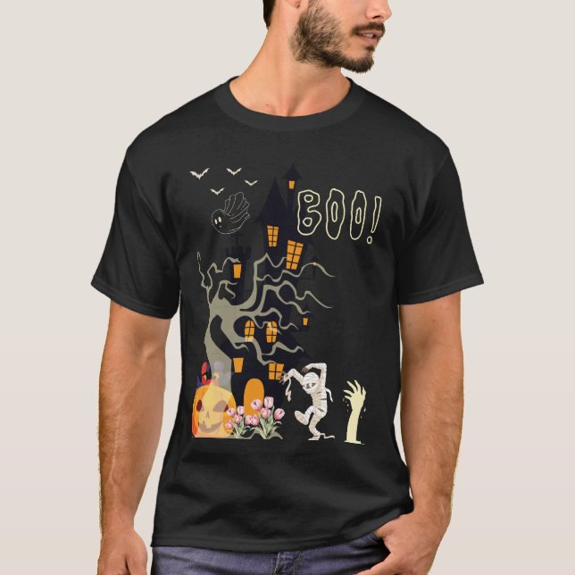 Spooky Halloween Night Haunted Moonlit Design T-Shirt (Front)