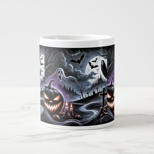 Spooky Halloween Night: Haunted Pumpkins and Ghost Giant Coffee Mug (Front)