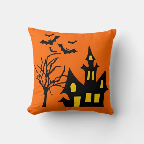 Spooky Halloween Night Lit Haunted House Tree Bats Throw Pillow