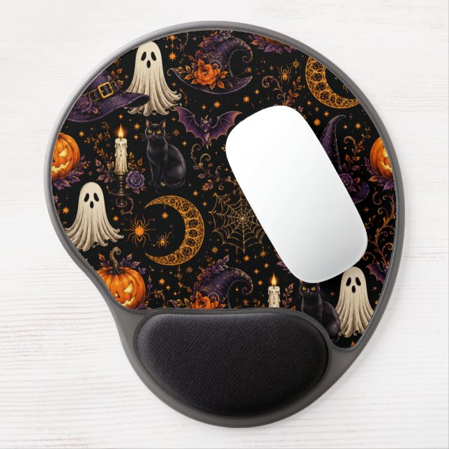 Spooky Halloween pumpkin ghost and black cat gel mouse pad