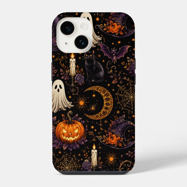 Spooky Halloween Night Pumpkin & Ghost Pattern Art iPhone Case (Back)
