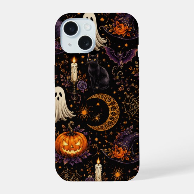 Spooky Halloween Night Pumpkin & Ghost Pattern Art Iphone Case (Back)