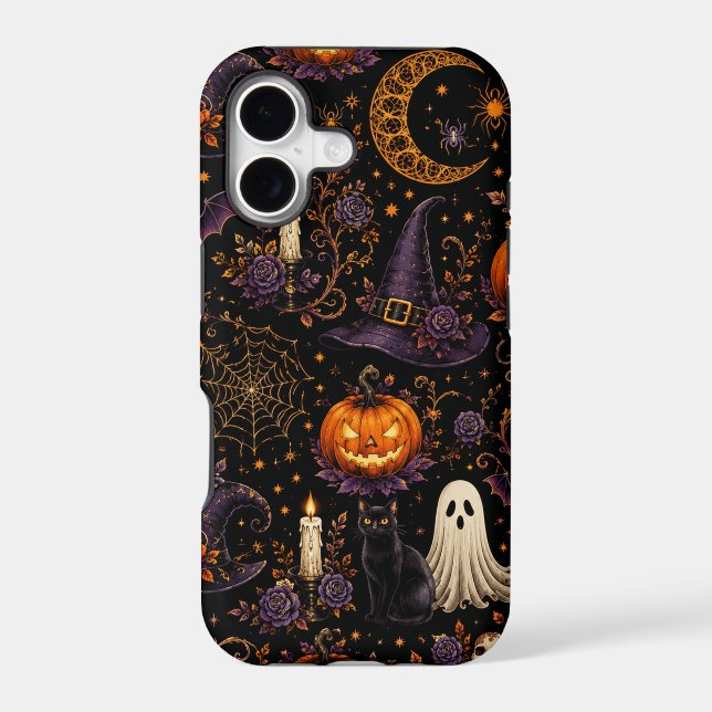 Spooky Halloween Night Pumpkin & Ghost Pattern Art iPhone Case (Back)