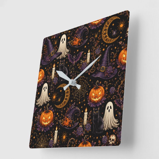 Spooky Halloween Night Pumpkin & Ghost Pattern Art Square Wall Clock (Angle)