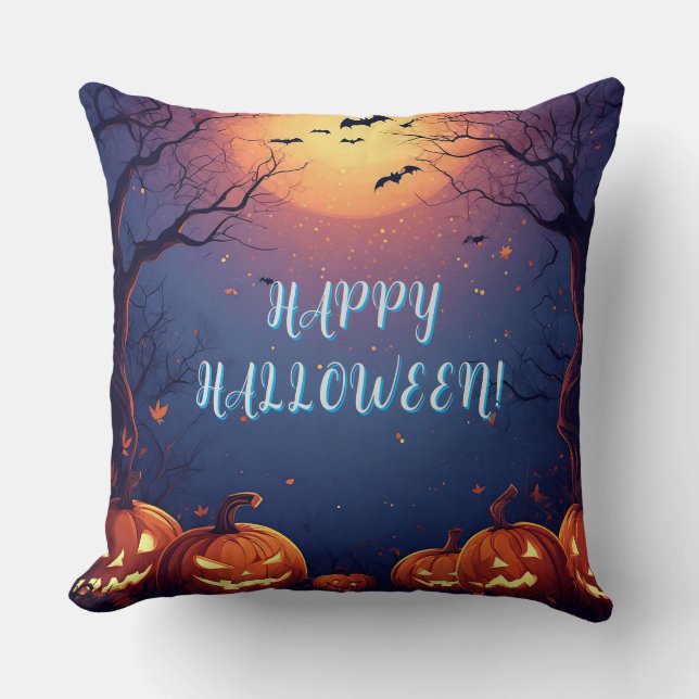Spooky Halloween Night with Glowing Pumpkins Throw Pillow (Front)