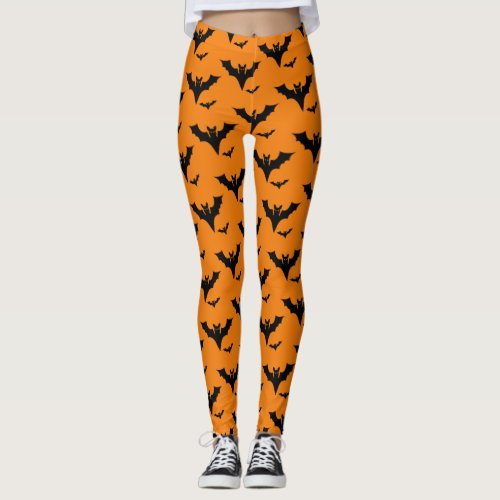 Spooky Halloween Orange Black Bats Leggings