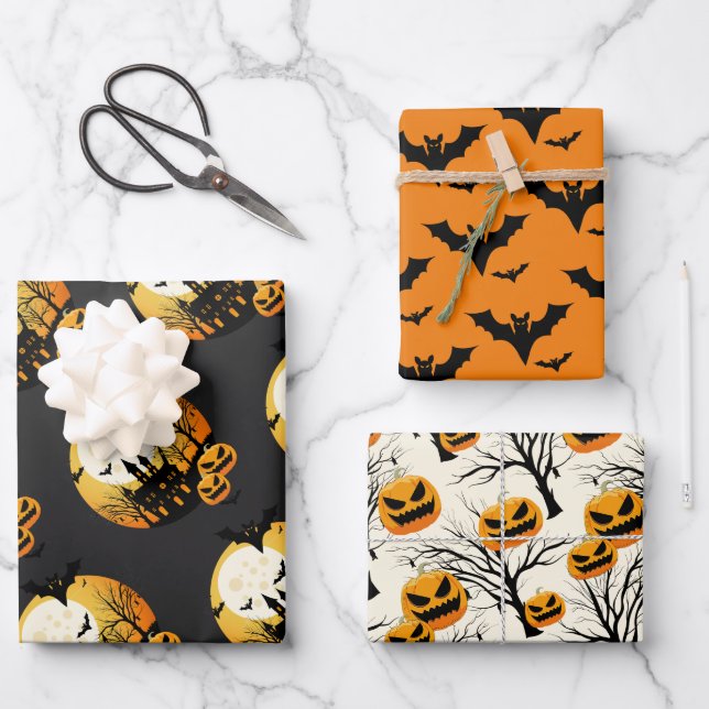 Spooky Halloween Orange Black Wrapping Paper Sheets (Front)