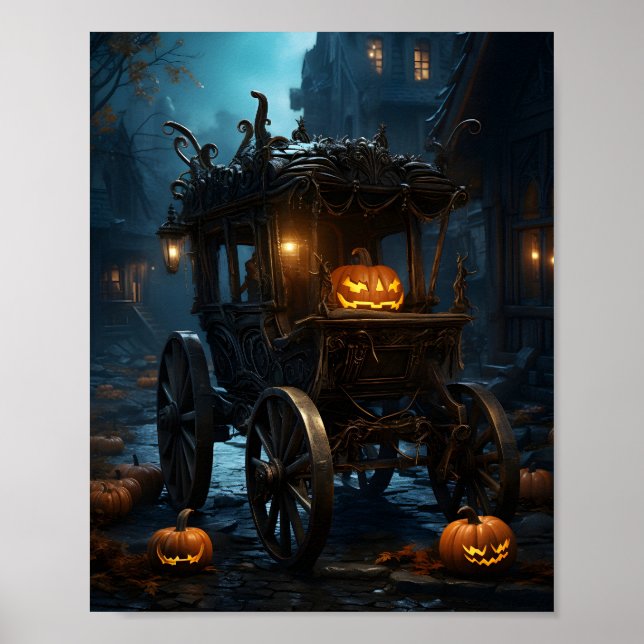 Spooky Halloween Orange Pumpkin In The Carriage Poster (Front)