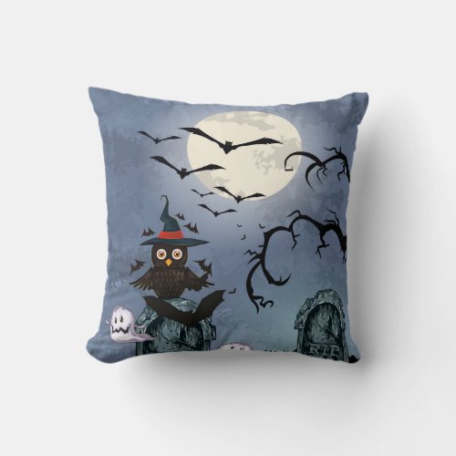 Spooky Halloween Owl White Ghosts Flying Bats Throw Pillow