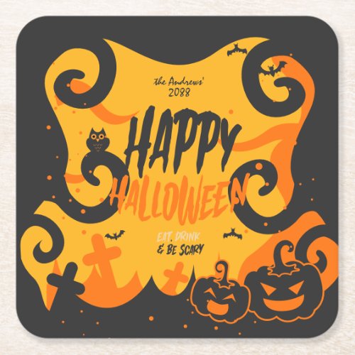 Spooky Halloween party funny scary pumpkin  Square Paper Coaster